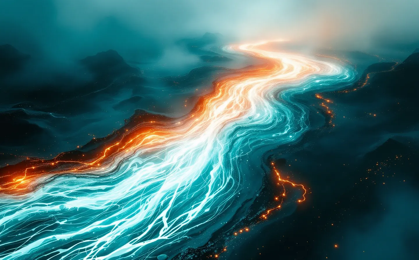 Abstract fog-lit illustration of four cool currents flowing through deep petrol water